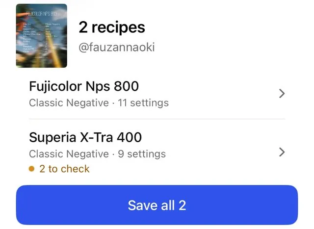 Half Stop over Instagram: 2 recipes found in @fauzannaoki's post, Fujicolor NPS 800 and Superia X-Tra 400, with a Save all 2 button.